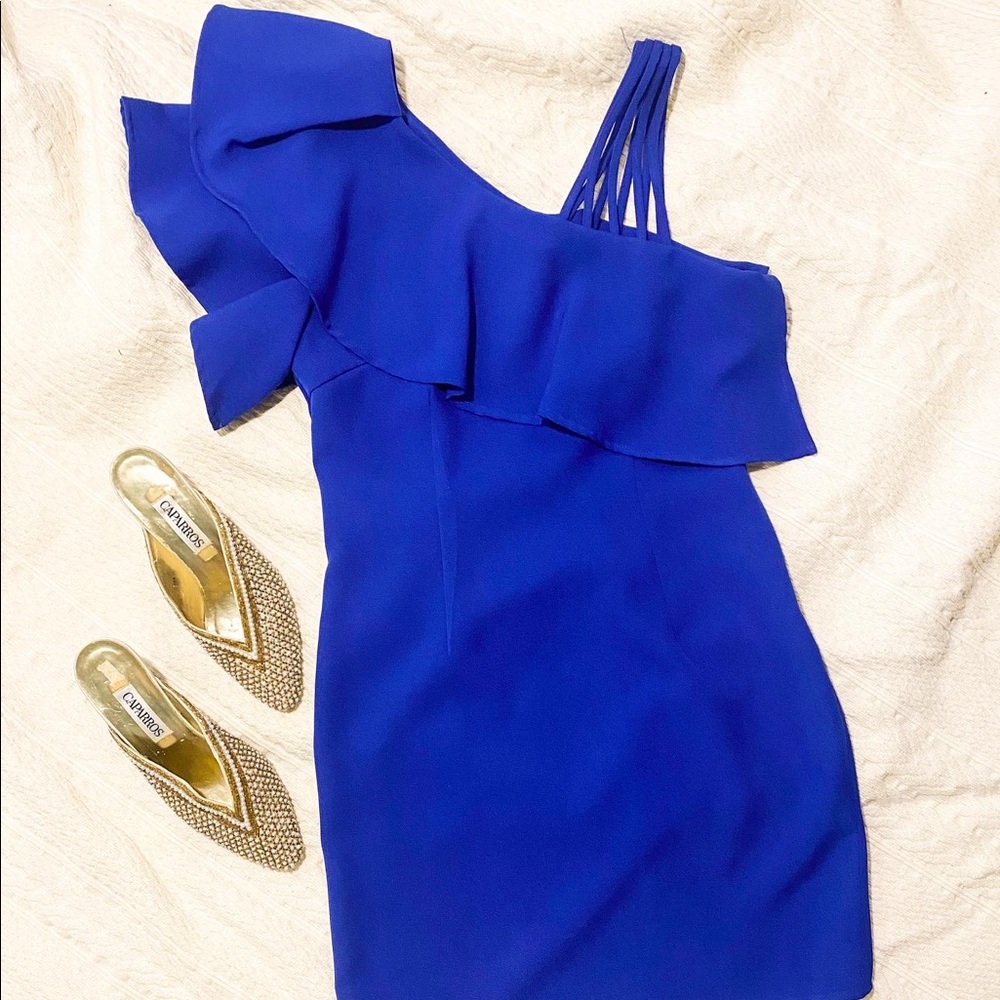 She and Sky Royal Blue One-Shoulder Mini Dress